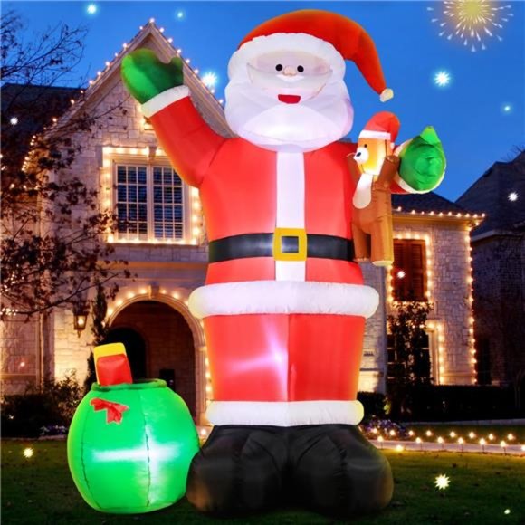 12 FT Huge Christmas Inflatable Santa Claus Carry Gift Bag and Bear, LED Lights